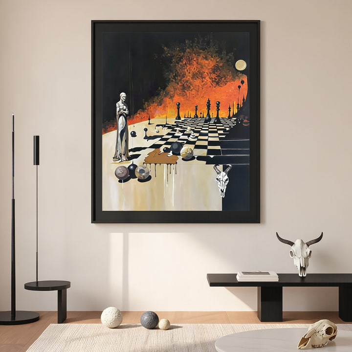 Victoria Saint Unmoved print of a calm, statuesque female figure beside a chessboard set against a dramatic burning landscape, symbolising control, foresight and stillness amidst chaos.