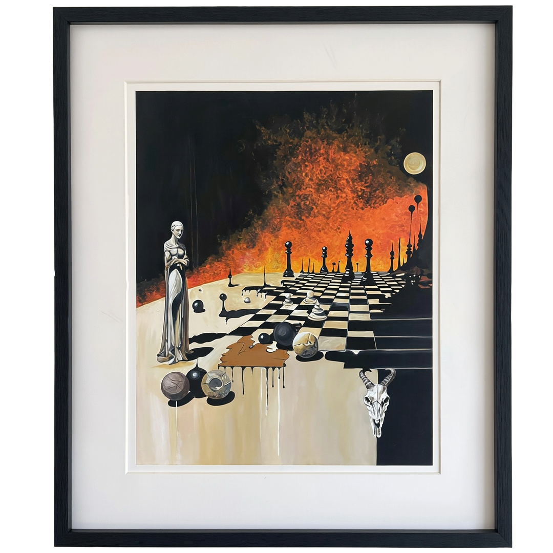 Victoria Saint Unmoved print of a calm, statuesque female figure beside a chessboard set against a dramatic burning landscape, symbolising control, foresight and stillness amidst chaos.