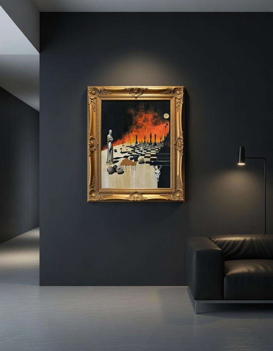 Victoria Saint Unmoved oil painting of a calm, statuesque female figure beside a chessboard set against a dramatic burning landscape, symbolising control, foresight and stillness amidst chaos.