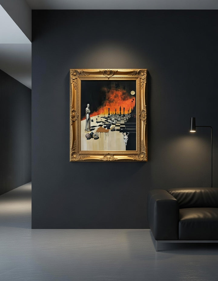 Victoria Saint Unmoved oil painting of a calm, statuesque female figure beside a chessboard set against a dramatic burning landscape, symbolising control, foresight and stillness amidst chaos.