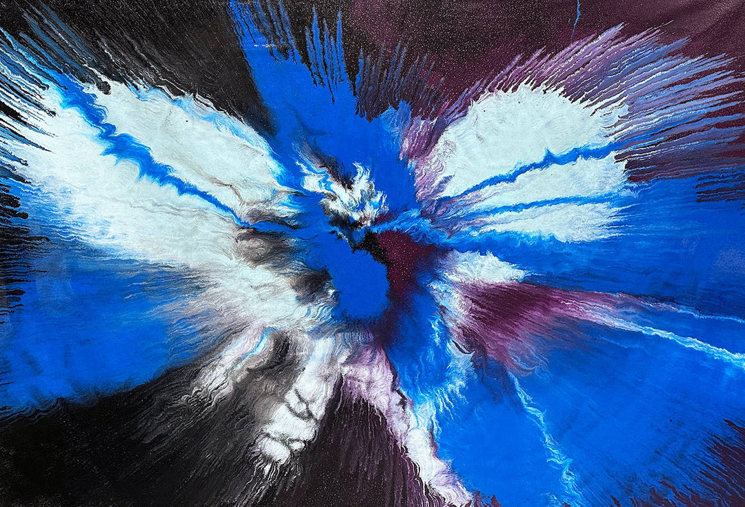 Large abstract painting “Atomic Butterfly” by Swarez — dramatic centrifugal spin art with explosive bursts of cobalt blue, electric turquoise, deep violet purple, crisp white, and black radiating from the centre across a heavily textured enamel surface.