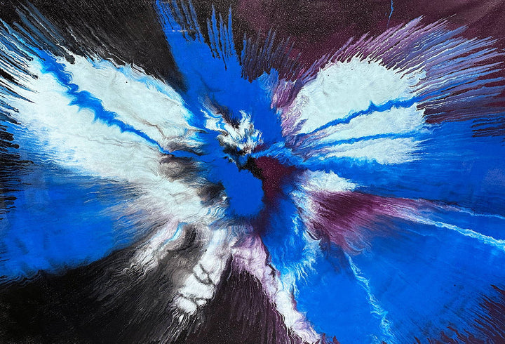 Large abstract painting “Atomic Butterfly” by Swarez — dramatic centrifugal spin art with explosive bursts of cobalt blue, electric turquoise, deep violet purple, crisp white, and black radiating from the centre across a heavily textured enamel surface.