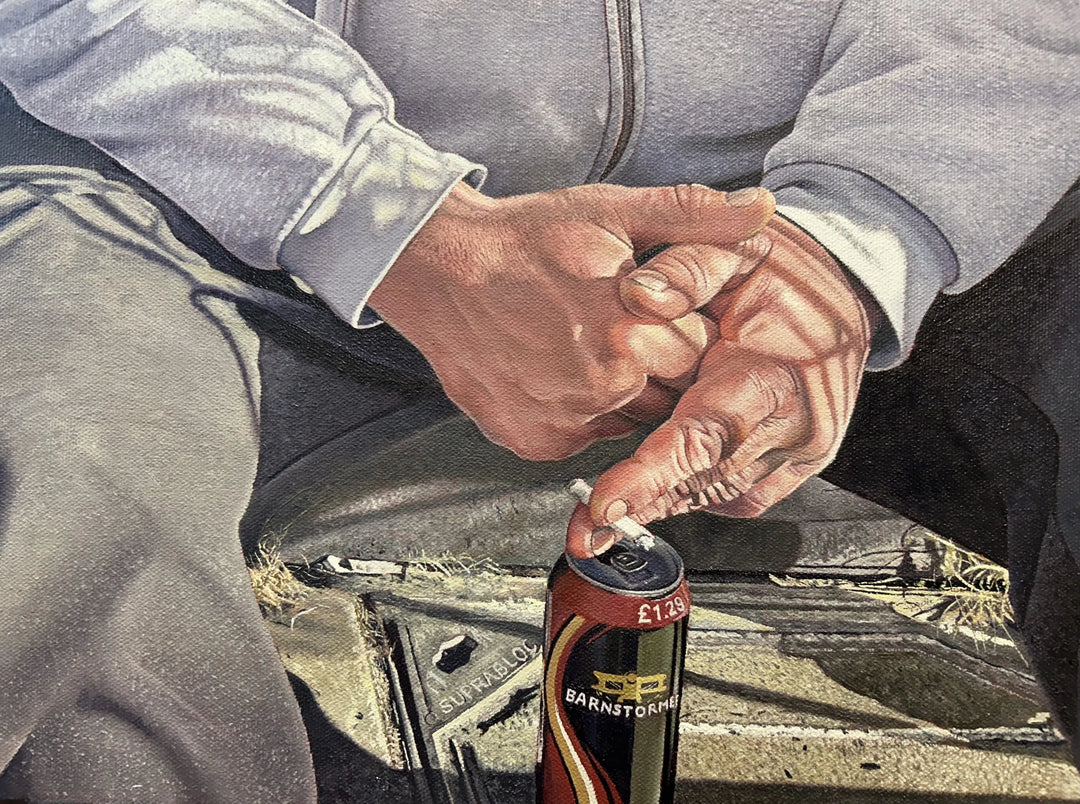 Original hyperrealist oil painting depicting two men seated side by side on a stone step in an urban doorway, capturing friendship, resilience, and quiet solidarity. Sunlight highlights weathered faces, worn clothing, and subtle gestures, conveying compassion, hardship, and human connection within a contemporary street setting.