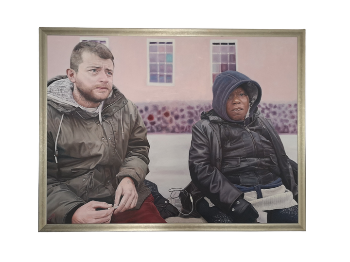 Waiting for the Ginger Bread Man by James Earley — a hyperrealist oil painting depicting two homeless individuals seated closely together, capturing a moment of connection, resilience, and vulnerability against a softly surreal backdrop.