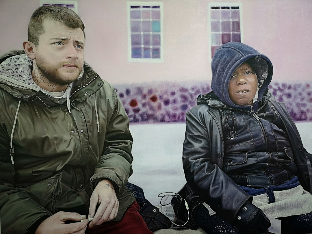 Waiting for the Ginger Bread Man by James Earley — a hyperrealist oil painting depicting two homeless individuals seated closely together, capturing a moment of connection, resilience, and vulnerability against a softly surreal backdrop.