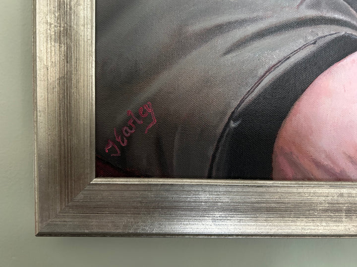 Waiting for the Ginger Bread Man by James Earley — a hyperrealist oil painting depicting two homeless individuals seated closely together, capturing a moment of connection, resilience, and vulnerability against a softly surreal backdrop.