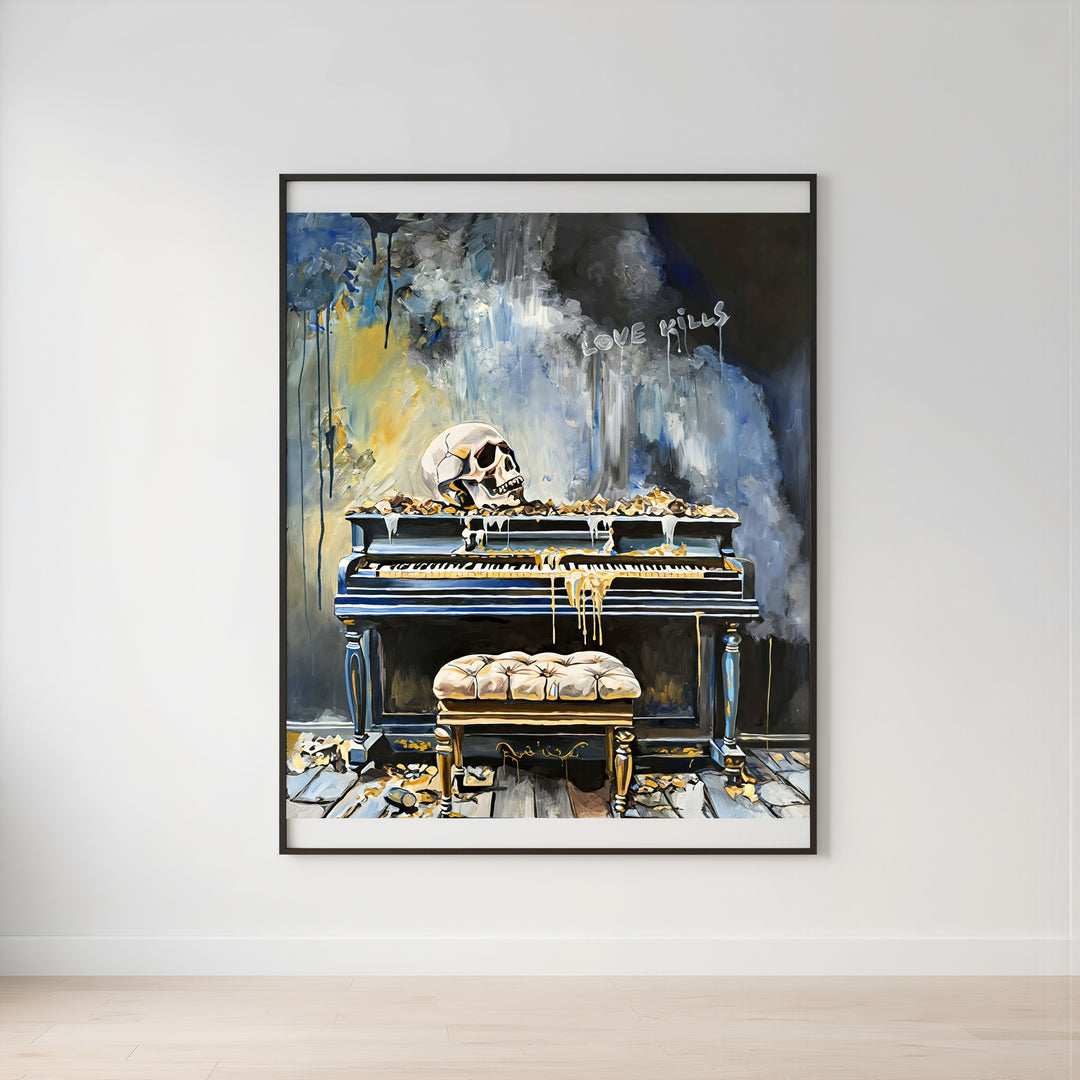 Victoria Saint Love Kills print of an abandoned piano with skull, decaying interior and symbolic objects, exploring themes of loss and suspended time.