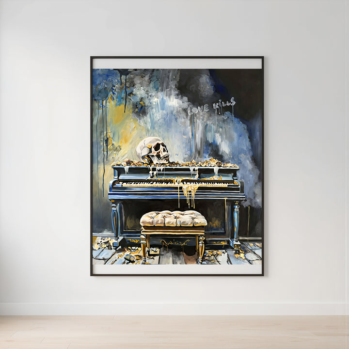 Victoria Saint Love Kills print of an abandoned piano with skull, decaying interior and symbolic objects, exploring themes of loss and suspended time.