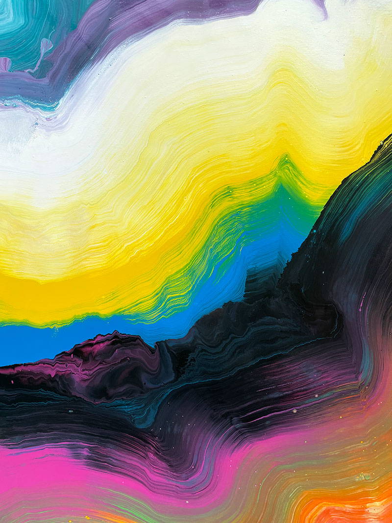 Large vibrant abstract painting “Sun Chaser” by Swarez — a powerful composition of swirling, layered colour featuring vivid yellow bursts cutting across deep oranges, fiery reds, rich magentas, lush greens, electric blues, dark purples and intense black accents. Complex ribbons and rivers of enamel paint create fluid movement and luminous depth on a grand-scale canvas.