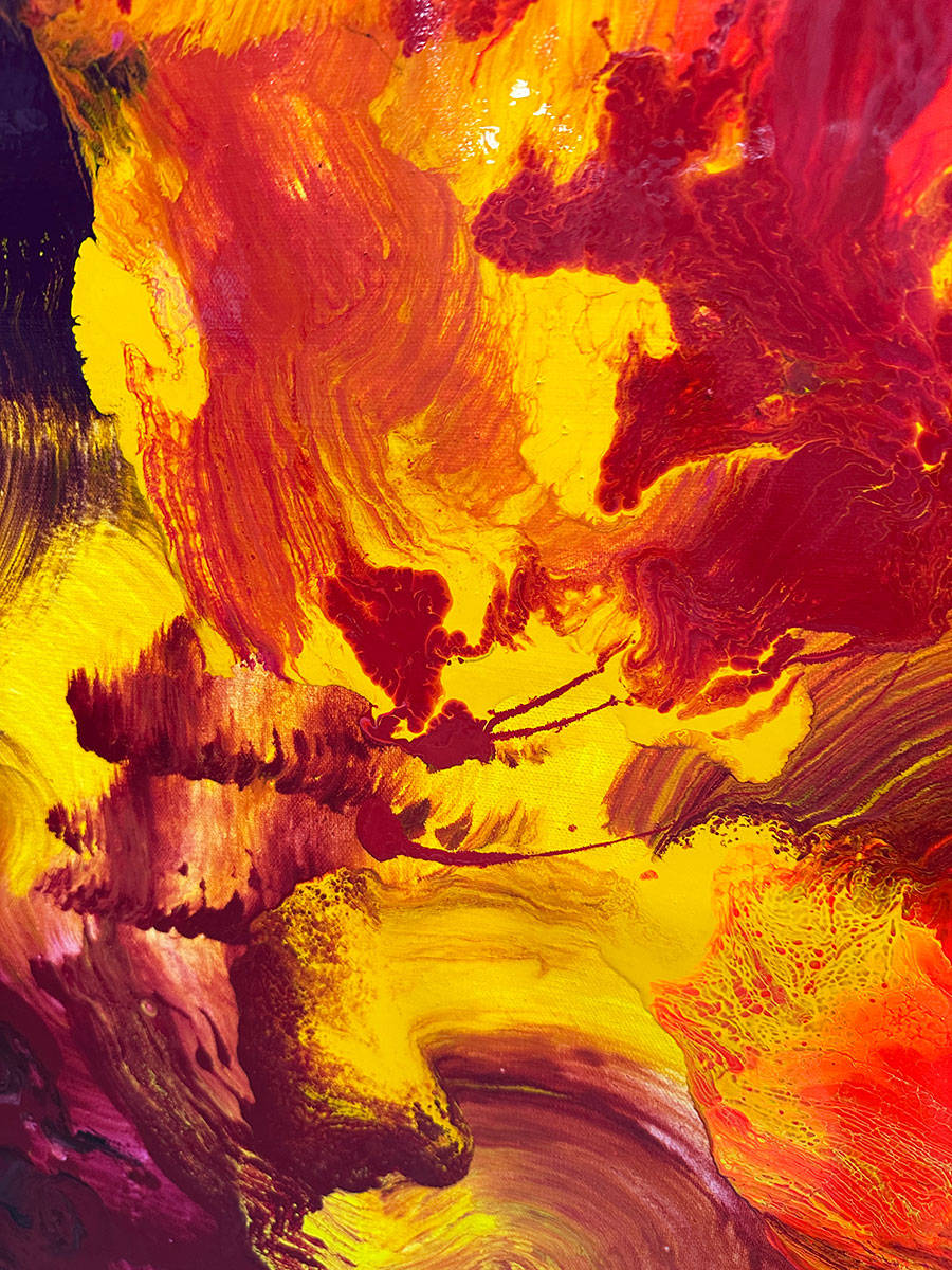 Large abstract painting “Crocosmia” by Swarez — vibrant swirling composition of fiery reds, deep crimson, burnt orange, radiant yellow, and accents of magenta, pink, purple, black, and white. Expressive layered enamel paint with fluid circular motions and botanical-inspired energy.