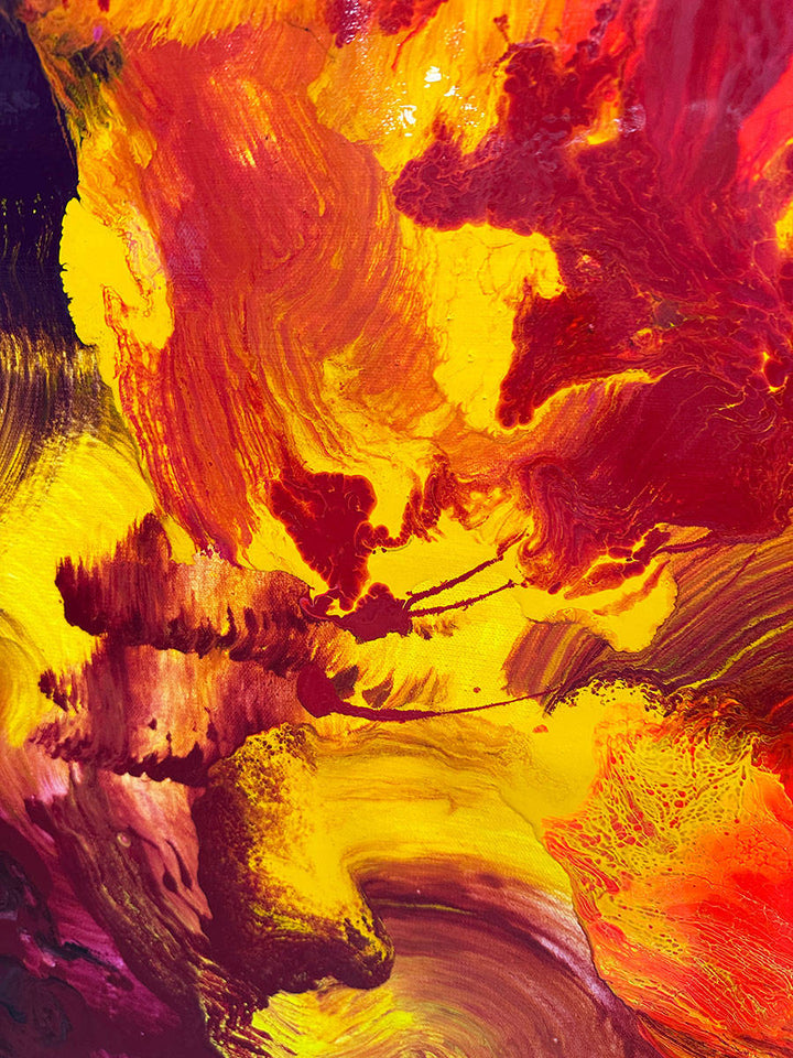 Large abstract painting “Crocosmia” by Swarez — vibrant swirling composition of fiery reds, deep crimson, burnt orange, radiant yellow, and accents of magenta, pink, purple, black, and white. Expressive layered enamel paint with fluid circular motions and botanical-inspired energy.